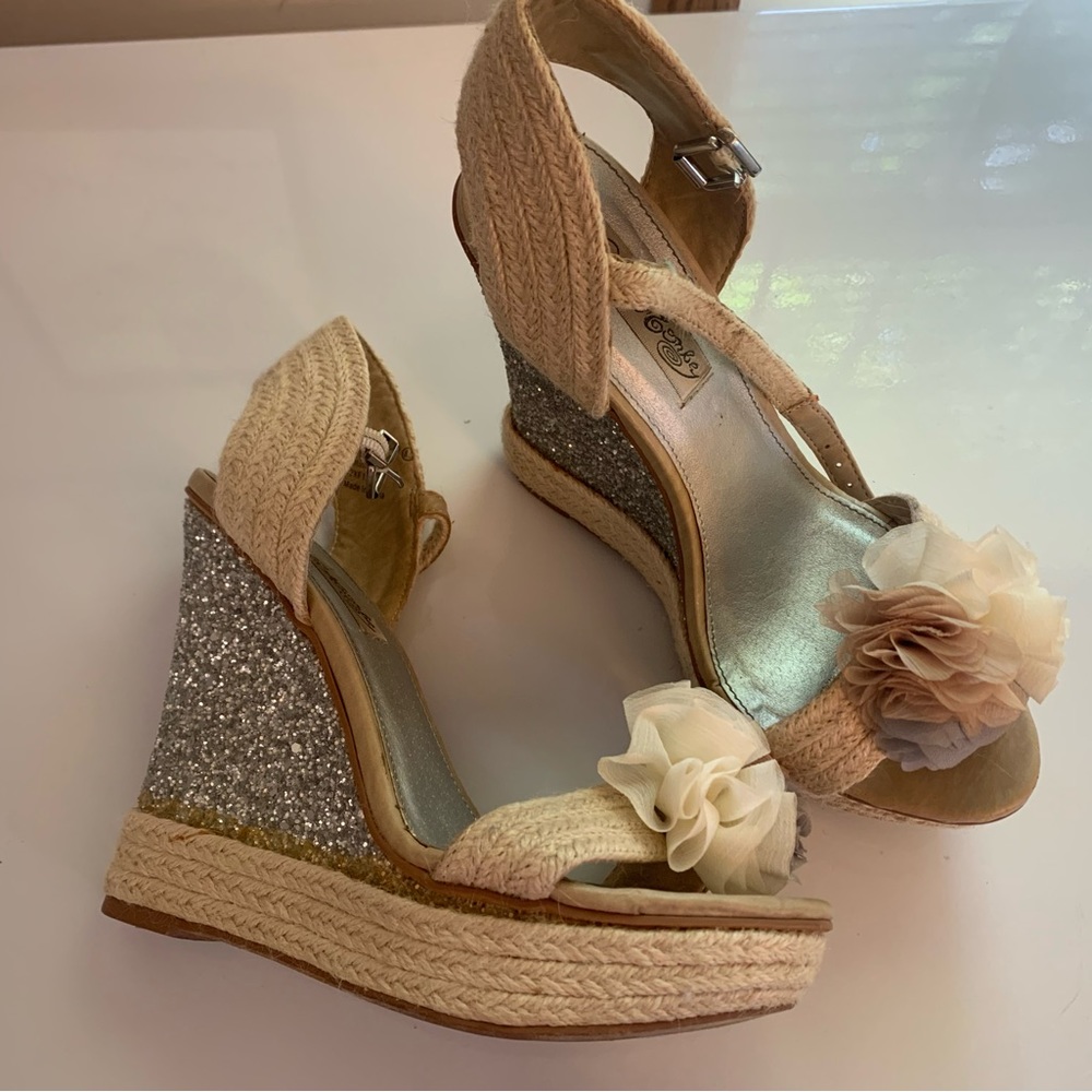 Glitter Wedge Heels with ruffle flower. Naughty Monkey. Size 8.5